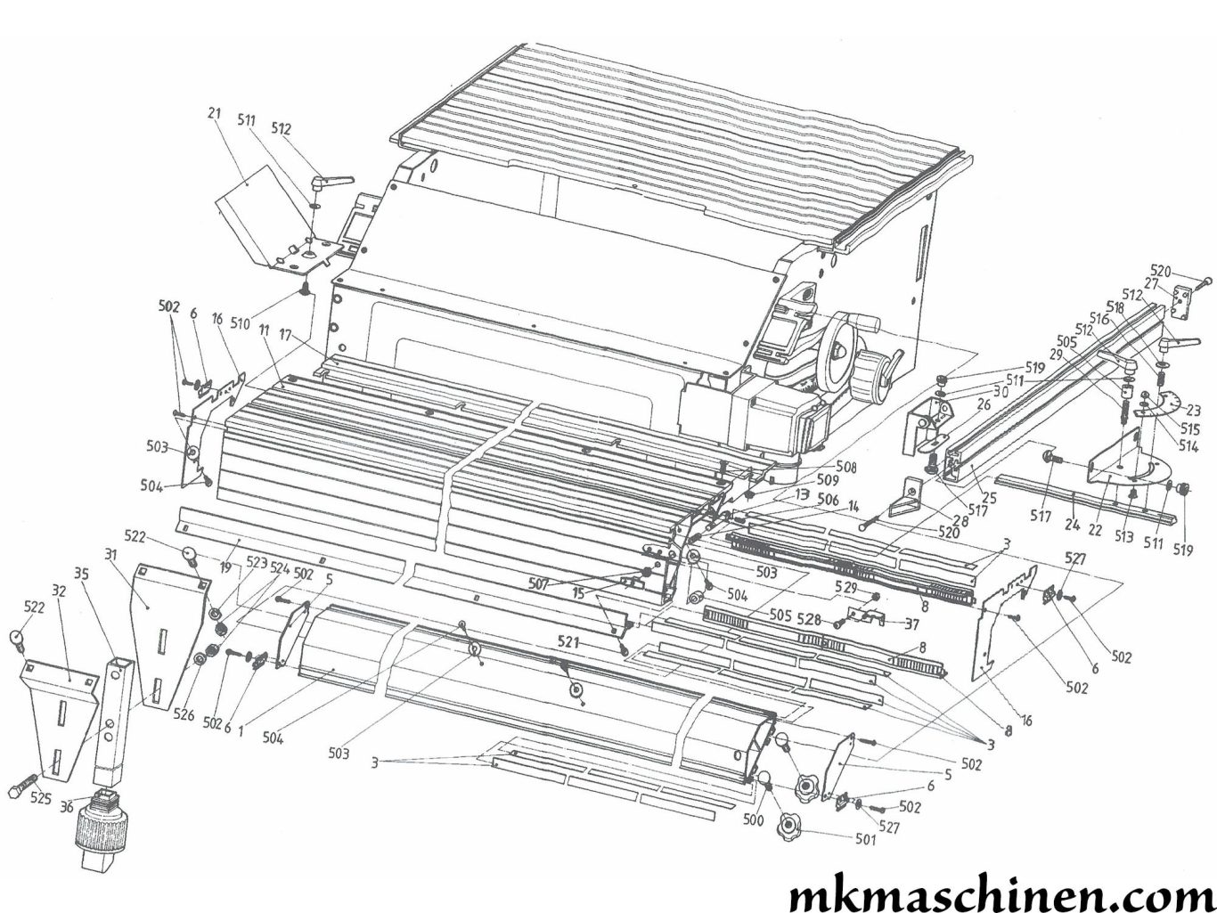 Explosionszeichnung Elektra Beckum PKF 255 V8 Formatkreissäge Skizze 3 - Formatschlitten mit Winkelanschlag