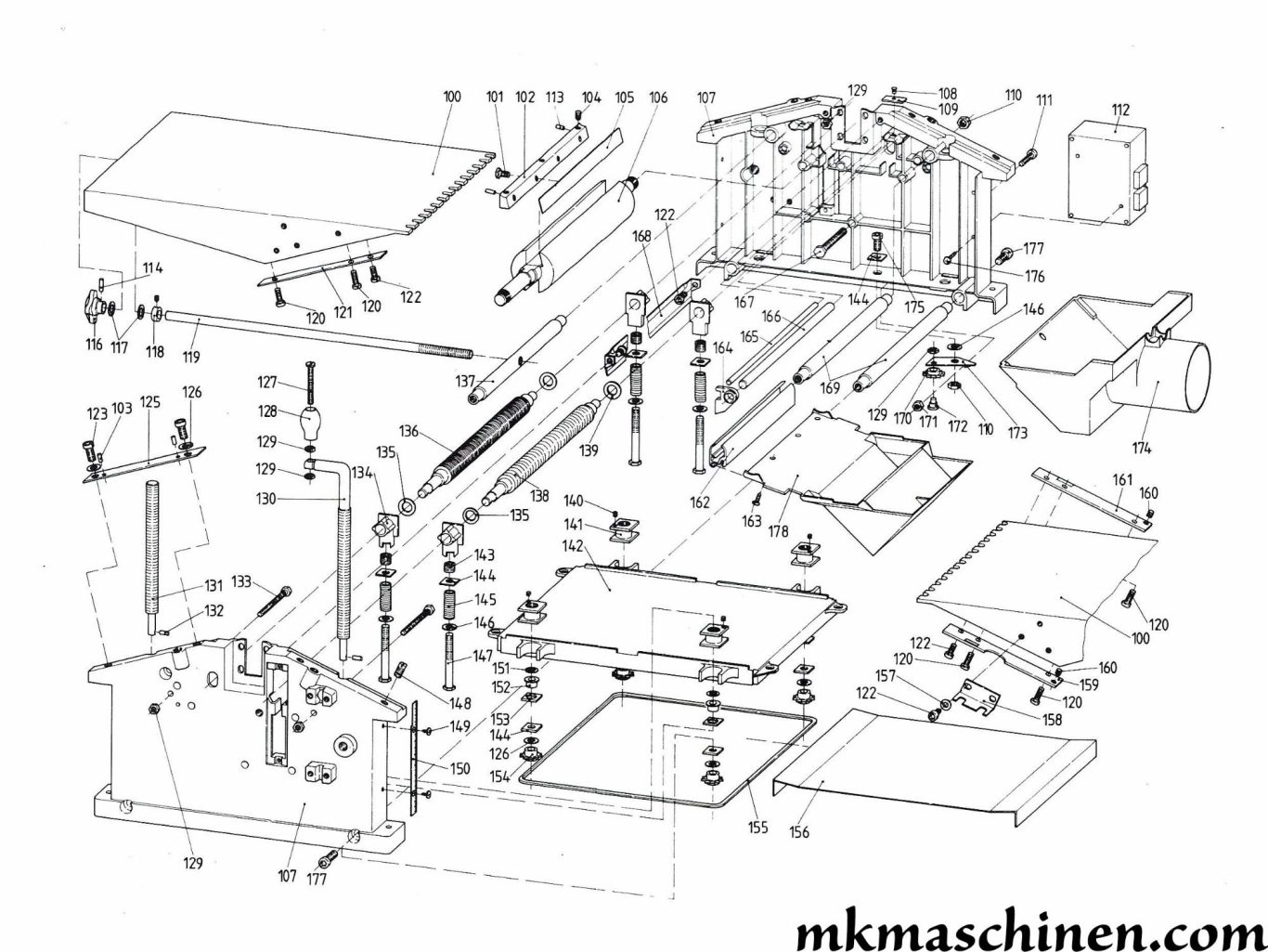 Explosionszeichnung Elektra Beckum HC 260 Hobelmaschine Skizze 1 mit Gehäuse, Tische, Messerwelle, Druckwalzen, Starter, Absaugung