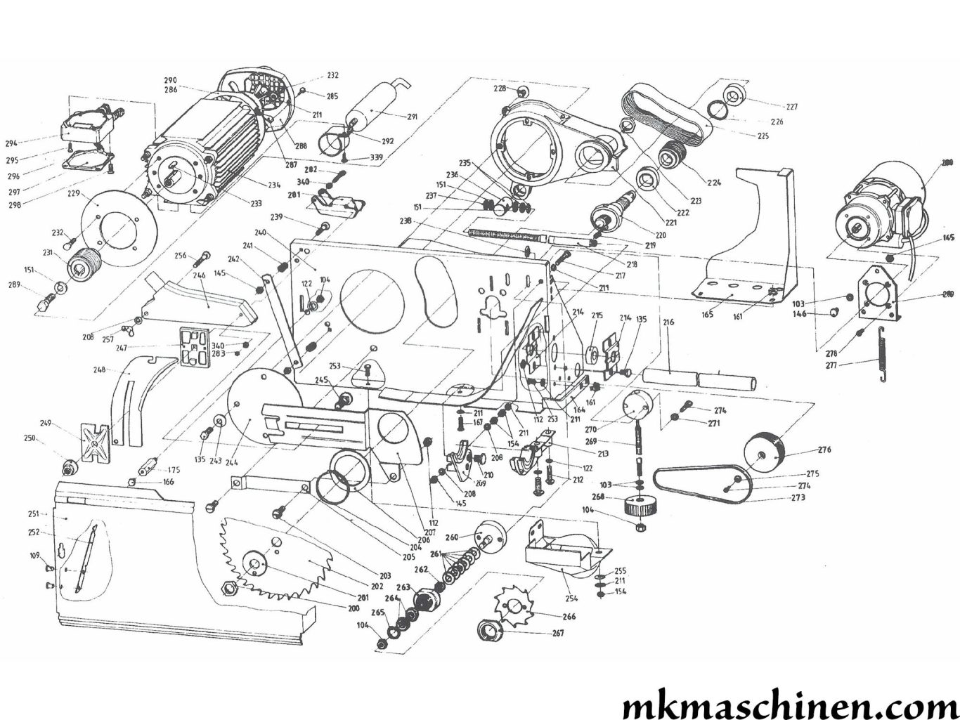 Explosionszeichnung Elektra Beckum PKF 255 V8 Formatkreissäge Skizze 1 - Vorritzmotor, Hauptmotor, Getriebe, Sägekasten, Zugbolzen usw.