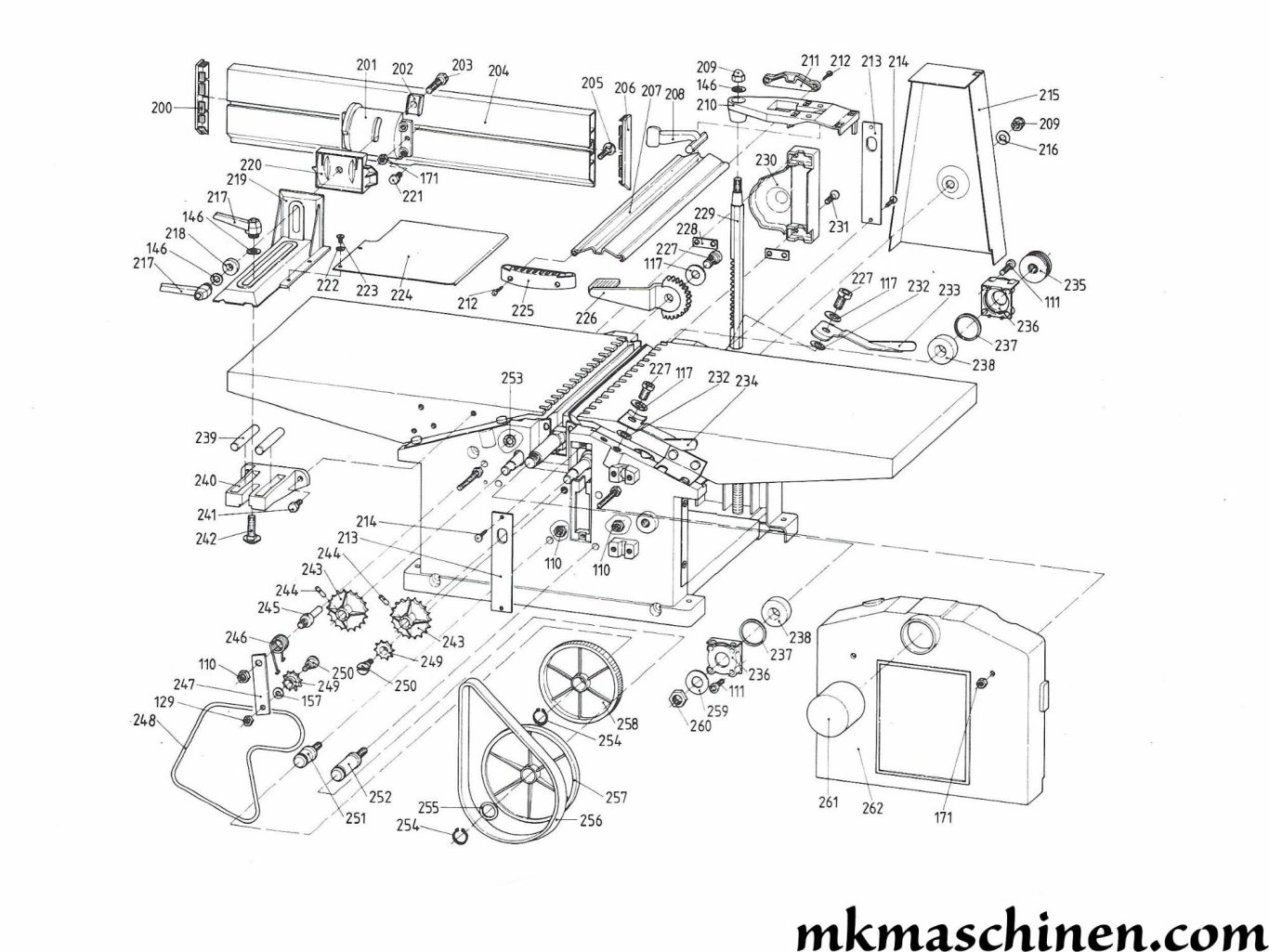 Explosionszeichnung Elektra Beckum HC 260 Hobelmaschine Skizze 2 mit Getriebe Vorschub, Abrichtanschlag, Messerschutz und Abdeckungen