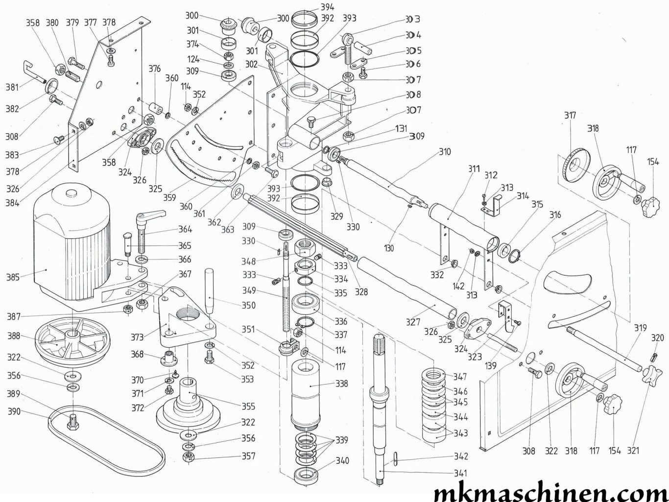 Explosionszeichnung Elektra Beckum TF 904 Skizze 3 mit dem Hauptteil der Maschine: Frässpindel, Motor, Neigungsverstellung, Höhenverstellung