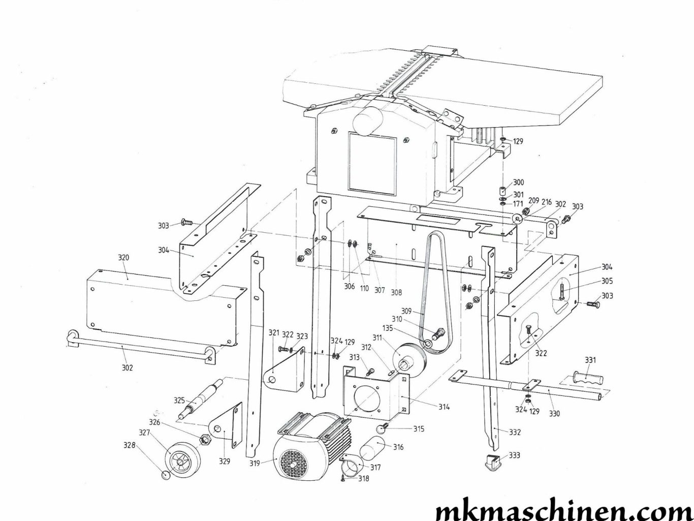 Explosionszeichnung Elektra Beckum HC 260 Hobelmaschine Skizze 3 mit dem Untergestell, dem Motor und dem Fahrwerk als Zubehör