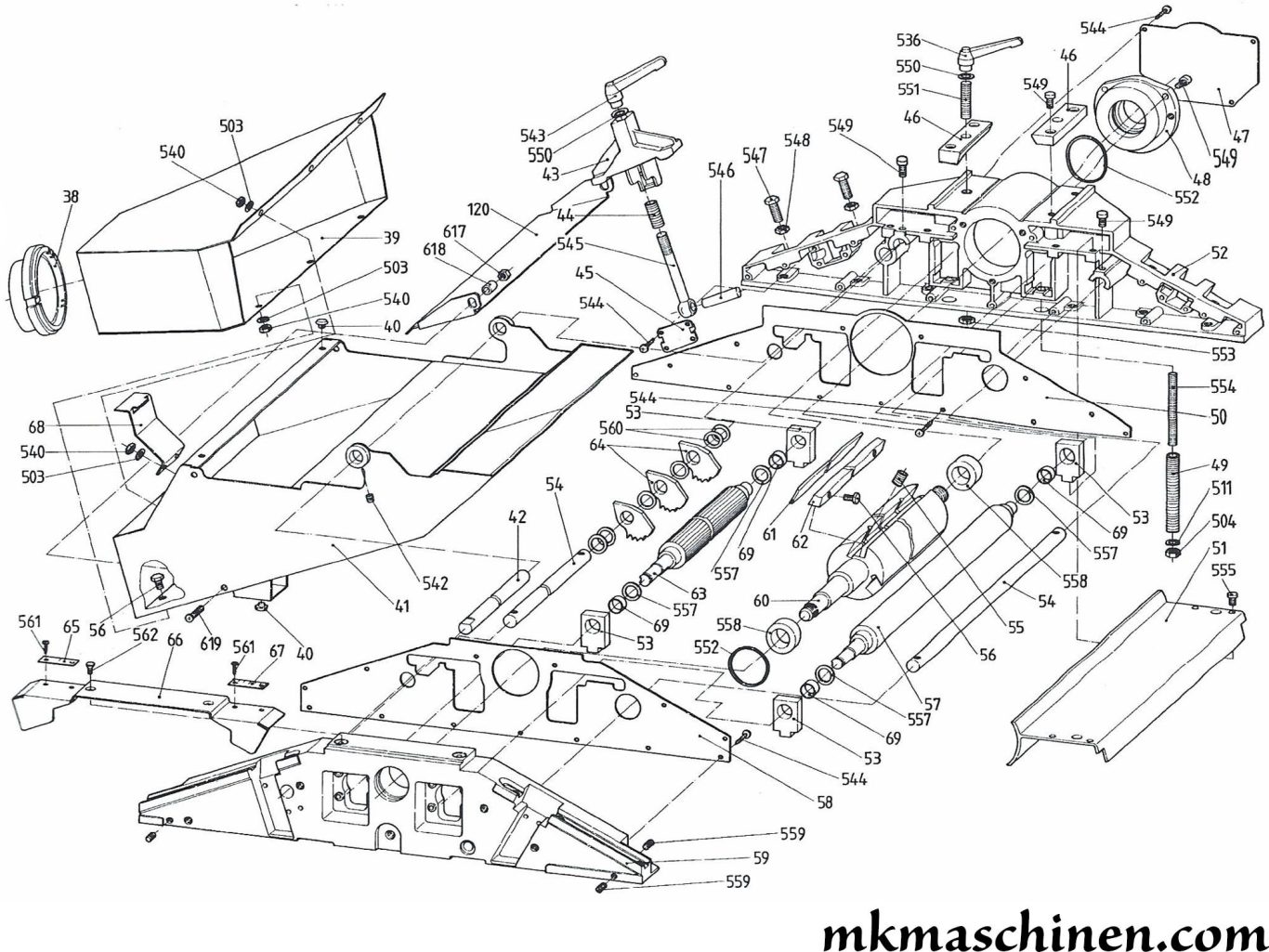 Explosionszeichnung Elektra Beckum HC 320 / HC 410 Hobelmaschine Skizze 6 mit der Messerwelle, den beiden Druckwalzen und der Absaugung