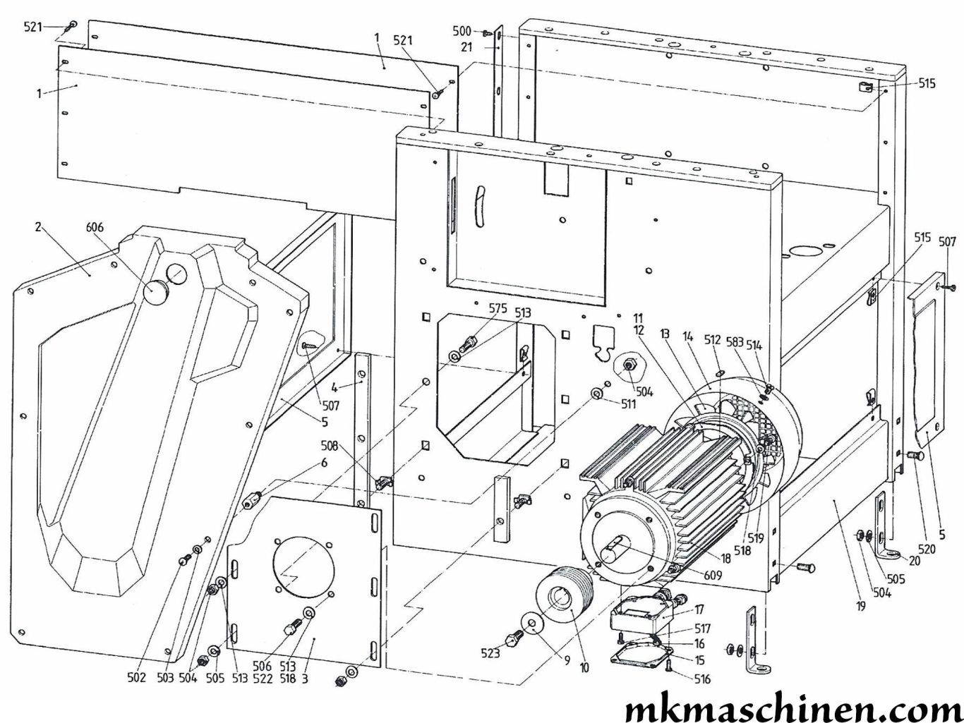 Explosionszeichnung Elektra Beckum HC 320 / HC 410 Hobelmaschine Skizze 2 mit dem Motor, Keilrillenscheibe sowie Abdeckungen der Maschine