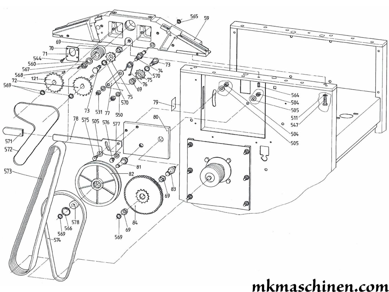 Explosionszeichnung Elektra Beckum HC 320 / HC 410 Hobelmaschine Skizze 3 mit dem gesamten Getriebe für den Vorschub, Flachriemenscheibe usw