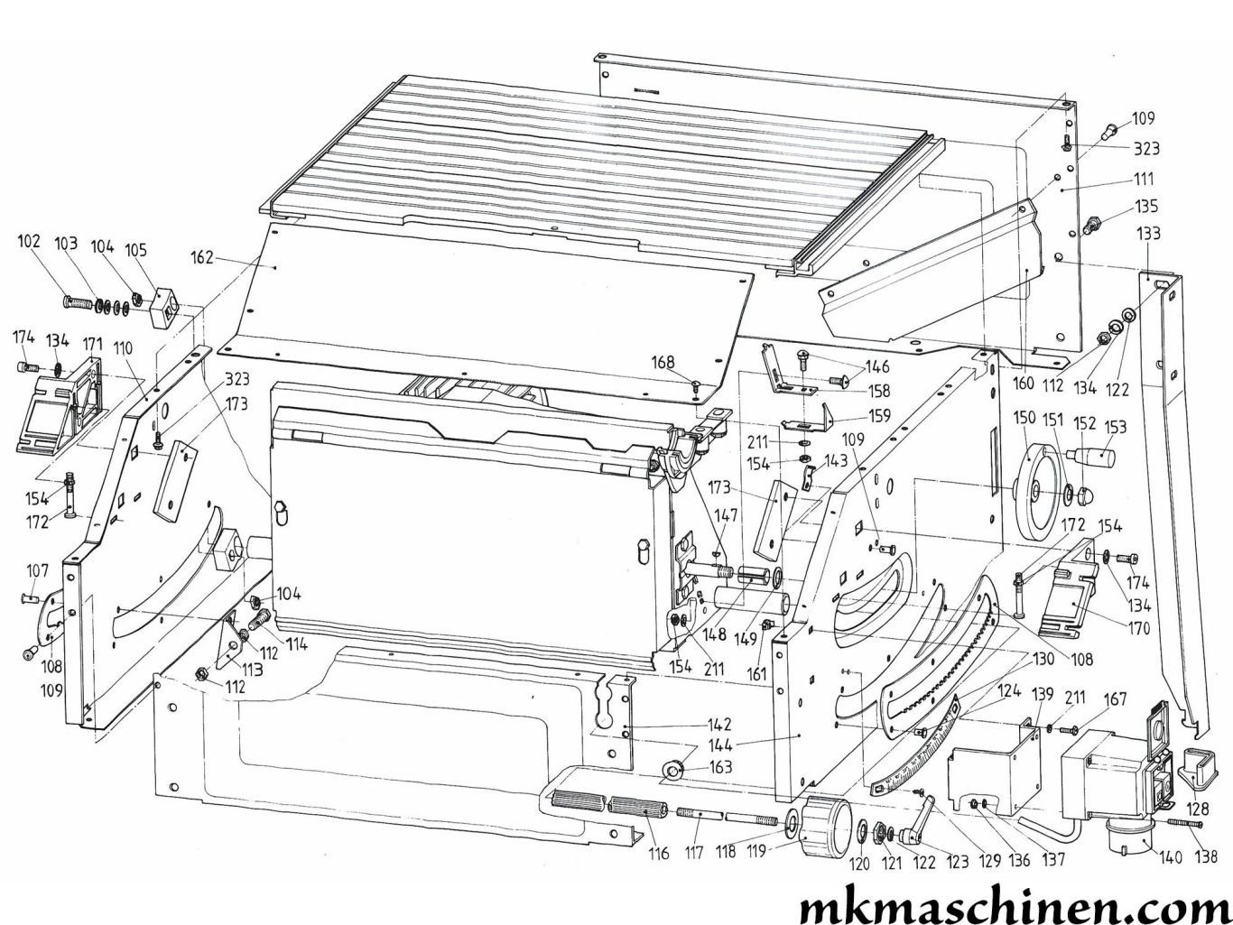 Explosionszeichnung Elektra Beckum PKF 255 Formatkreissäge Skizze 2 - Sägetisch, Handrad, Neigung, Starter