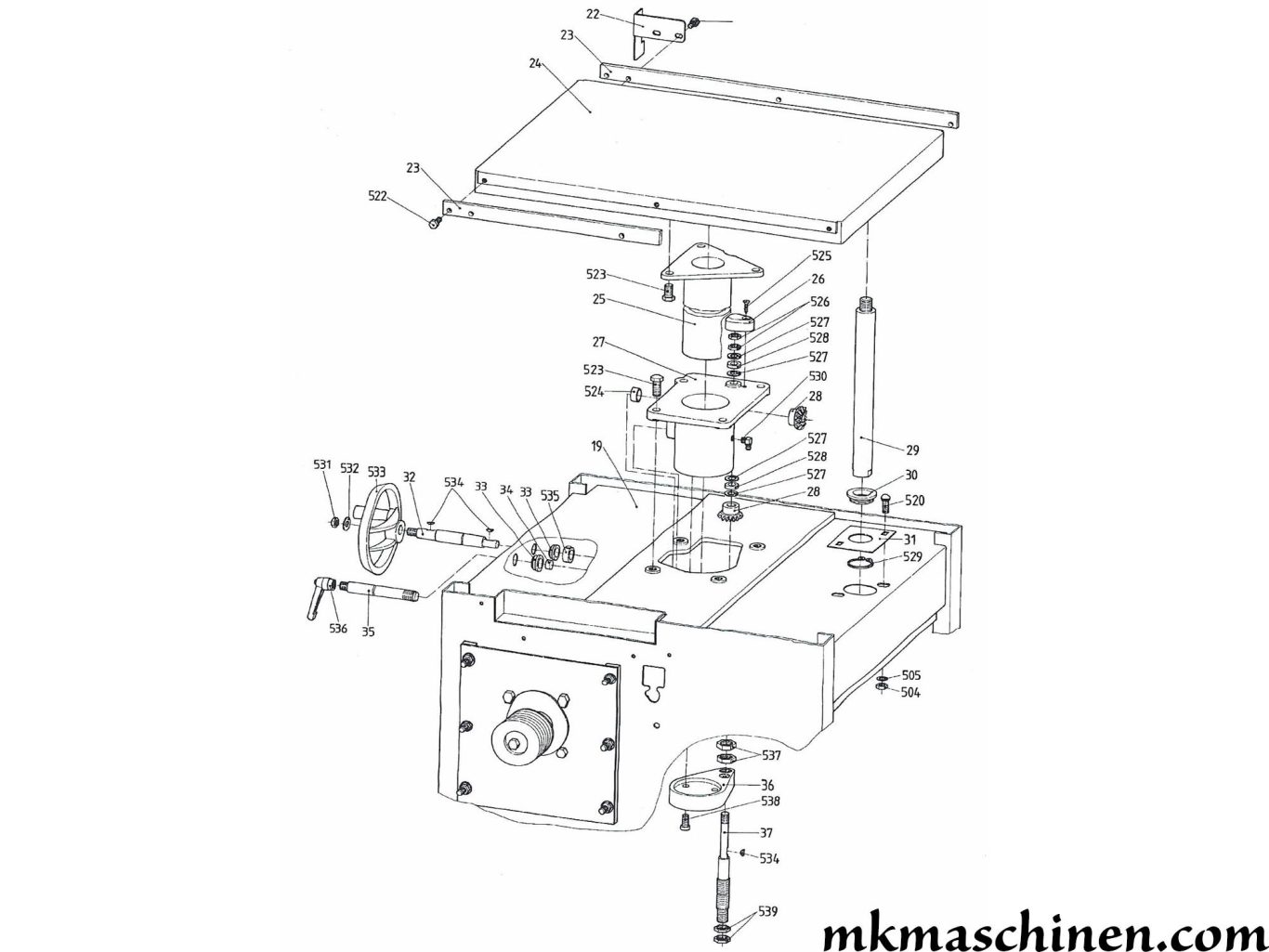Explosionszeichnung Elektra Beckum HC 320 / HC 410 Hobelmaschine Skizze 1 mit dem Grauguss Dickentisch und seiner Höhenverstellung