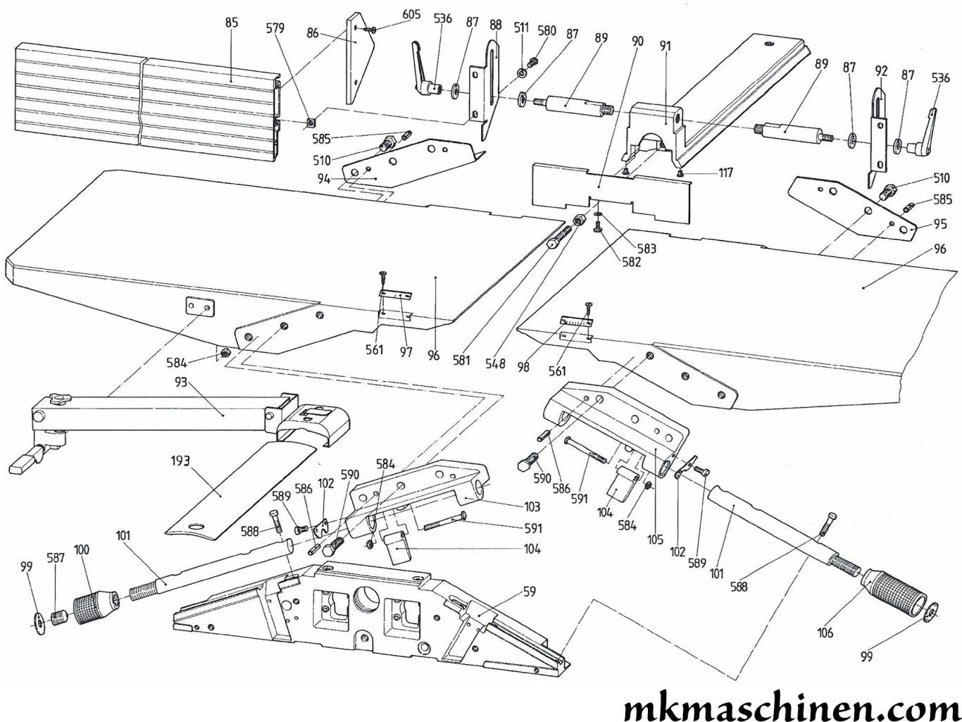 Explosionszeichnung Elektra Beckum HC 320 / HC 410 Hobelmaschine Skizze 5 mit den Abrichttischen, Abrichtanschlag und Messerschutzabdeckung