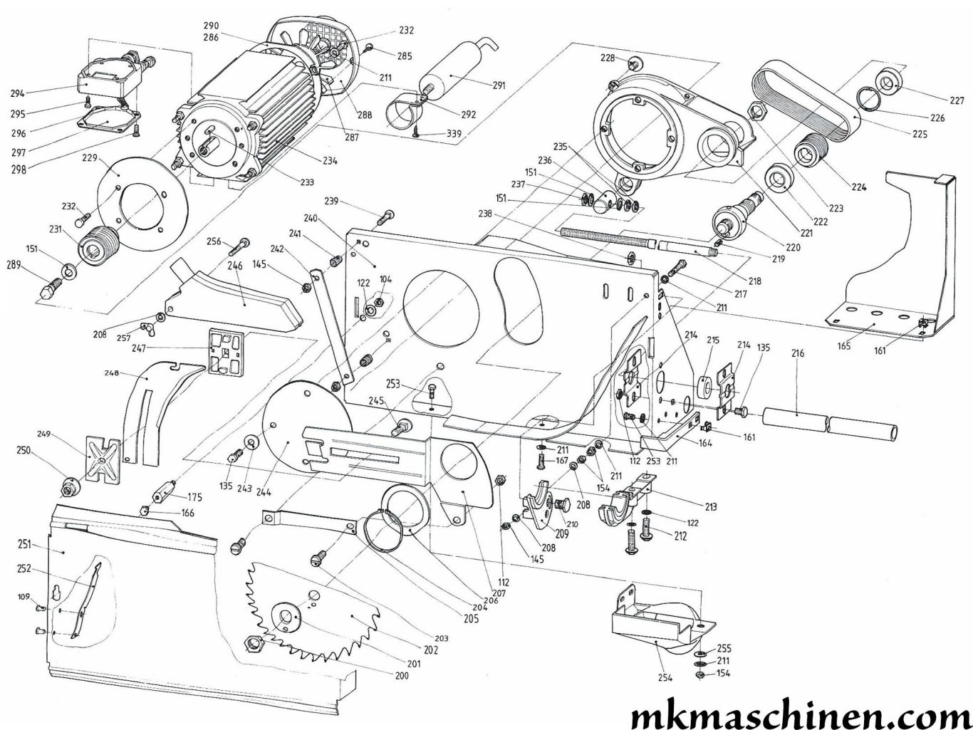 Explosionszeichnung Elektra Beckum PKF 255 Formatkreissäge Skizze 1 - Motor, Getriebe, Sägekasten, Spaltkeil, Zugbolzen und Zugspindel
